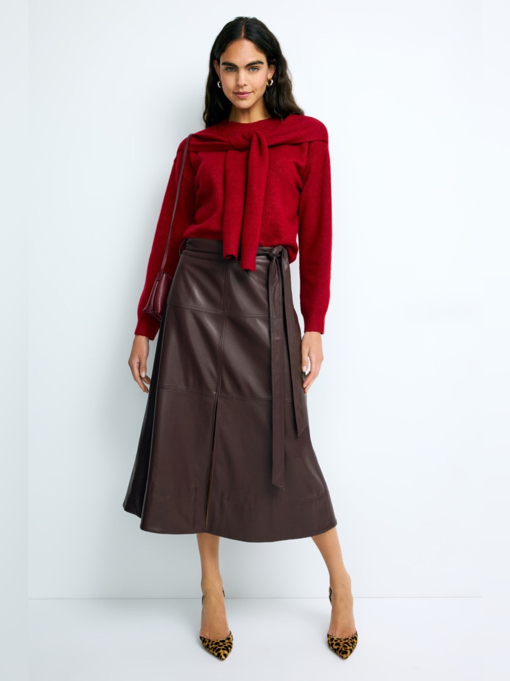 Tanya Taylor Brown Faux Leather Tie-Waist Midi Skirt